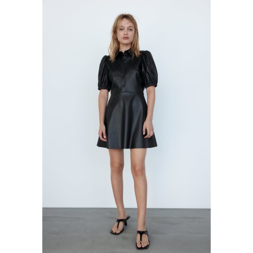 ❤️ NWT! Zara Black Faux Leather Mini Shirt Dress with Puff Sleeves - Picture 9 of 9